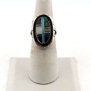 Estate Sterling Silver 925 Inlay Ring Turquoise & Onyx Oval Size 5.5 Vintage